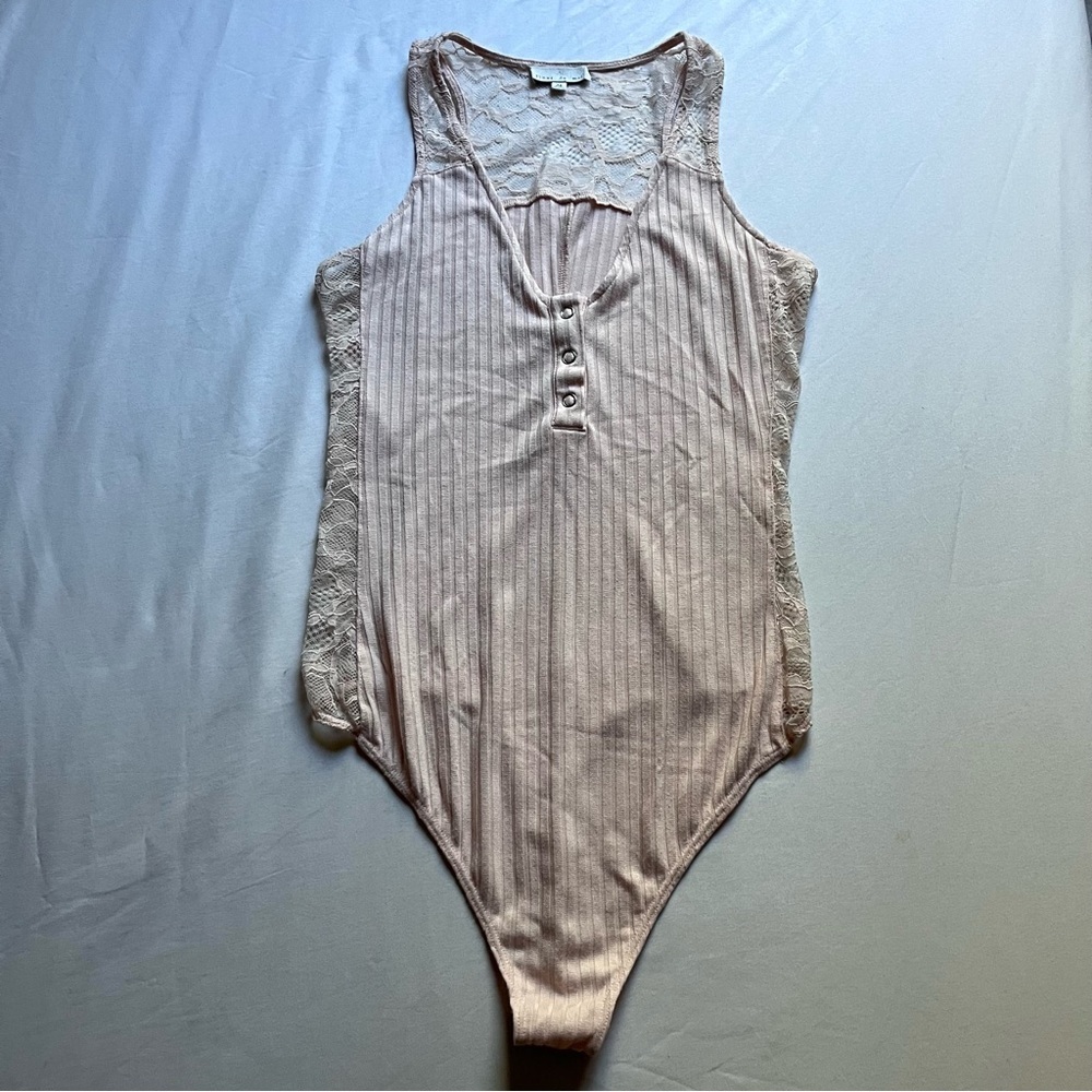 FLEUR DU MAL dusty‎ rose pink rib knit lace contrast sleeveless bodysuit